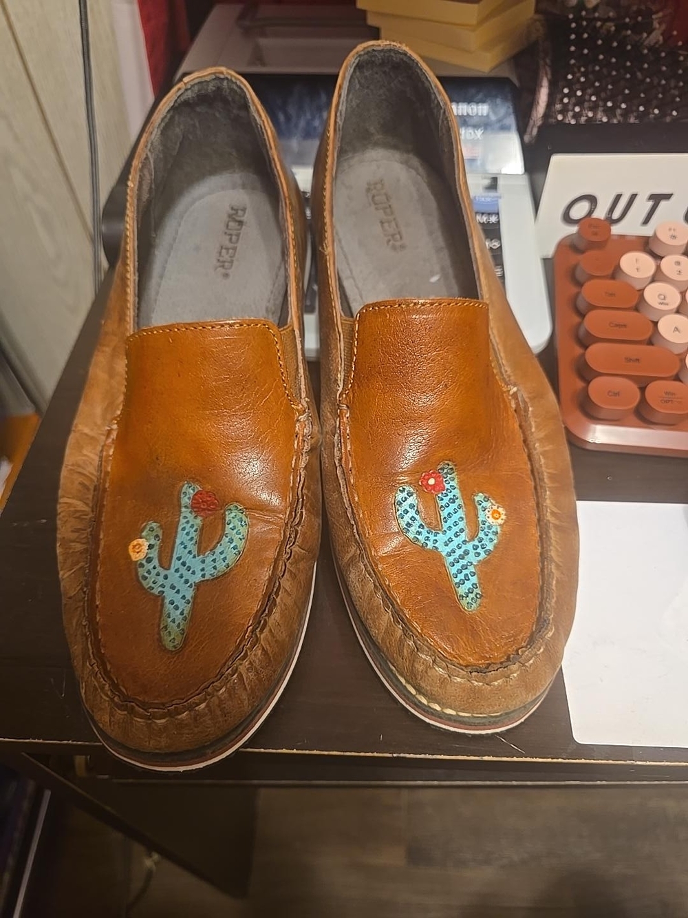Roper Tan Leather Slip-On Loafers with Turquoise Cactus Appliqués
